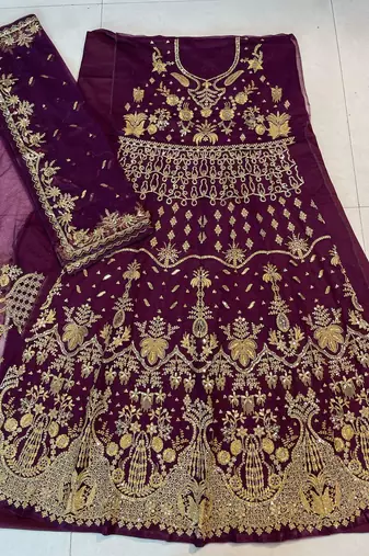 wine net semi stitched anarkali suit with embroidery & stone work