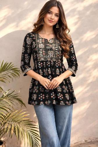 Women ethnic motifs printed mirror work kurta