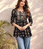 Women ethnic motifs printed mirror work kurta