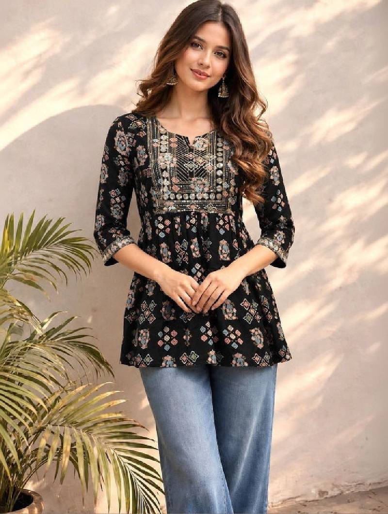 Women ethnic motifs printed mirror work kurta