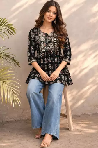 Women ethnic motifs printed mirror work kurta