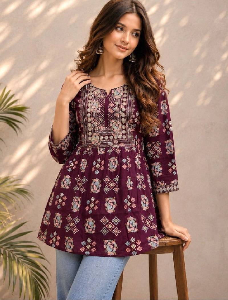 Women ethnic motifs printed thread work indie prints kurta
