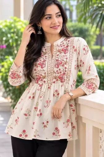 Women floral printed thread work floral kurta