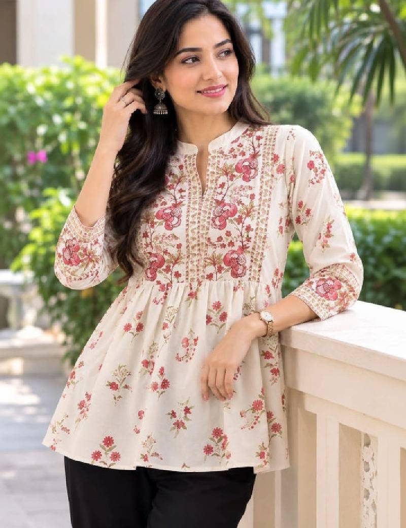 Women floral printed thread work floral kurta