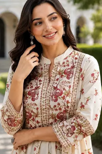 Women floral printed thread work floral kurta