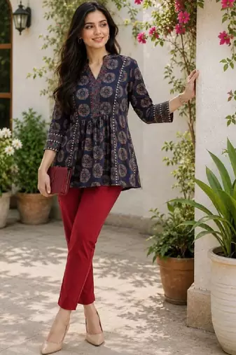 Women ethnic motifs printed thread work indie prints kurta