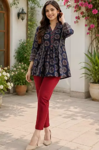 Women ethnic motifs printed thread work indie prints kurta