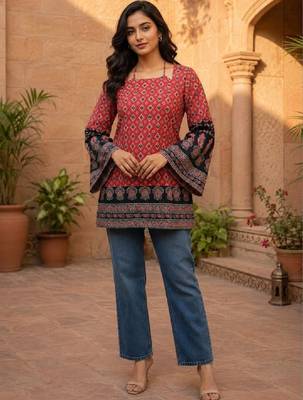 Women ethnic motifs printed bell sleeves kurta 1