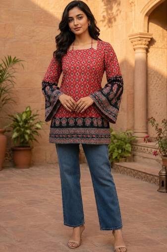Women ethnic motifs printed bell sleeves kurta