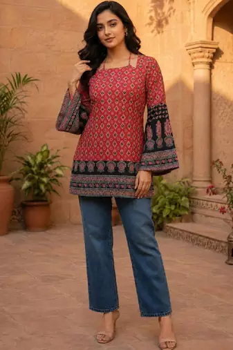Women ethnic motifs printed bell sleeves kurta