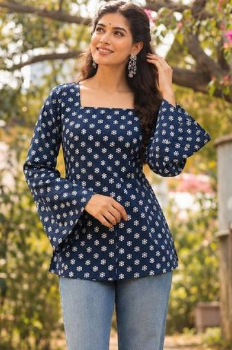 Women ethnic motifs printed bell sleeves indie prints kurta