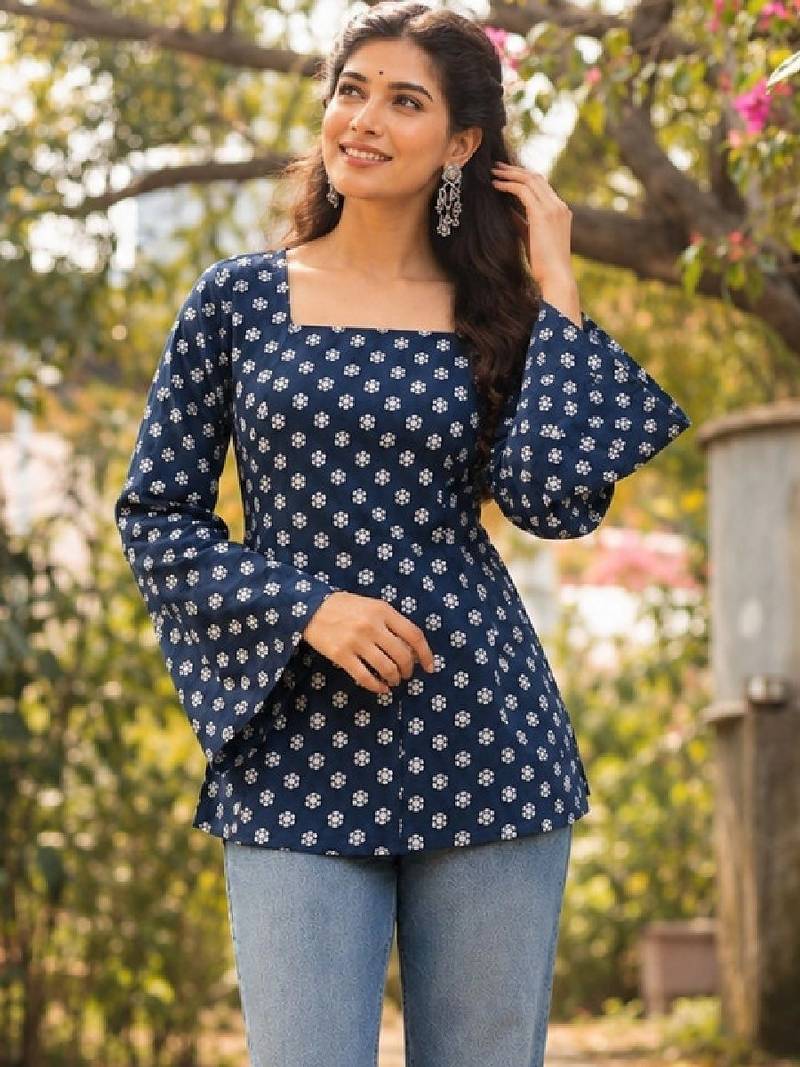 Women ethnic motifs printed bell sleeves indie prints kurta