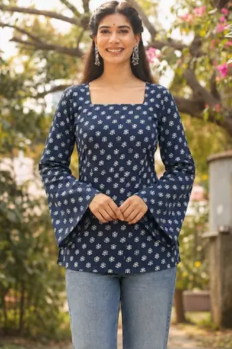 Women ethnic motifs printed bell sleeves indie prints kurta