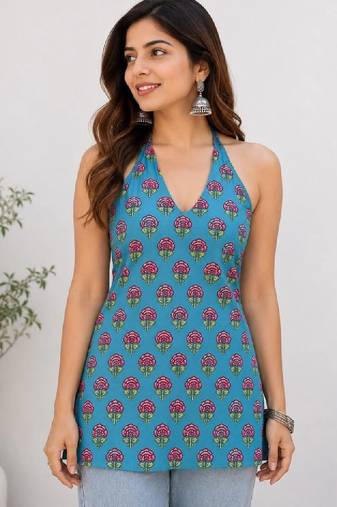 Women floral printed halter neck indie florals kurta