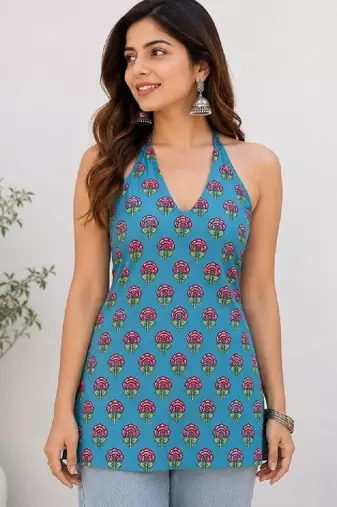 Women floral printed halter neck indie florals kurta