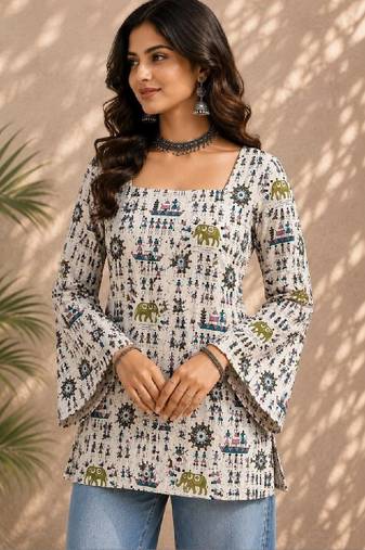 Women ethnic motifs printed bell sleeves indie prints kurta