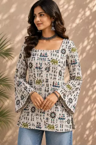 Women ethnic motifs printed bell sleeves indie prints kurta