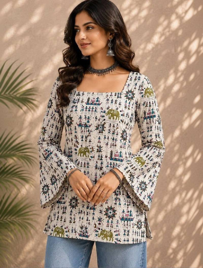 Women ethnic motifs printed bell sleeves indie prints kurta