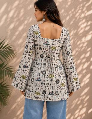 Women ethnic motifs printed bell sleeves indie prints kurta 2