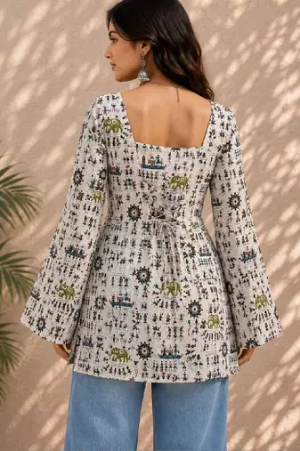 Women ethnic motifs printed bell sleeves indie prints kurta