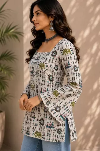 Women ethnic motifs printed bell sleeves indie prints kurta