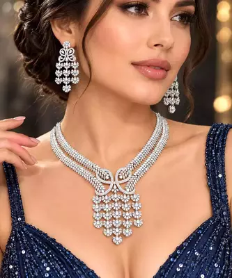 Indian Bridal CZ Necklace Earrings Set, Floral Crystal Choker, Silver-Tone Statement Jewelry 1