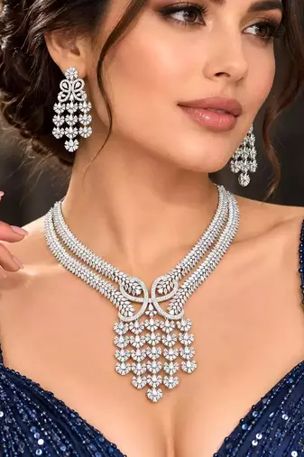 Indian Bridal CZ Necklace Earrings Set, Floral Crystal Choker, Silver-Tone Statement Jewelry