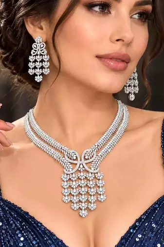 Indian Bridal CZ Necklace Earrings Set, Floral Crystal Choker, Silver-Tone Statement Jewelry