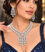 Indian Bridal CZ Necklace Earrings Set, Floral Crystal Choker, Silver-Tone Statement Jewelry