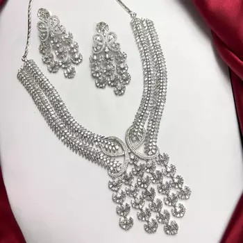 Indian Bridal CZ Necklace Earrings Set, Floral Crystal Choker, Silver-Tone Statement Jewelry 2