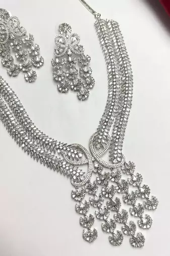 Indian Bridal CZ Necklace Earrings Set, Floral Crystal Choker, Silver-Tone Statement Jewelry