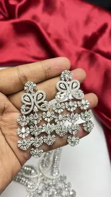 Indian Bridal CZ Necklace Earrings Set, Floral Crystal Choker, Silver-Tone Statement Jewelry 3