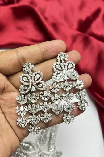 Indian Bridal CZ Necklace Earrings Set, Floral Crystal Choker, Silver-Tone Statement Jewelry