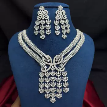 Indian Bridal CZ Necklace Earrings Set, Floral Crystal Choker, Silver-Tone Statement Jewelry 4