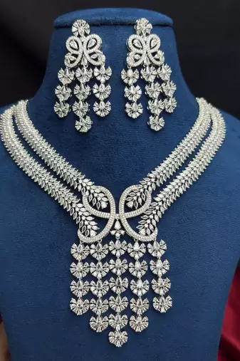 Indian Bridal CZ Necklace Earrings Set, Floral Crystal Choker, Silver-Tone Statement Jewelry