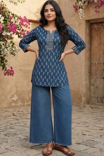 Women paisley printed thread work kurta