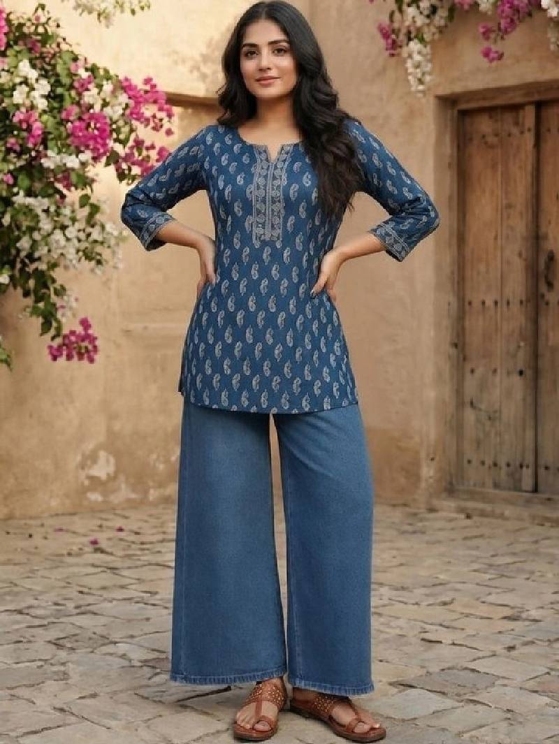 Women paisley printed thread work kurta