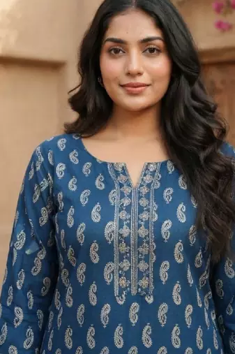 Women paisley printed thread work kurta