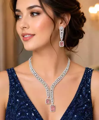 Pink Morganite CZ Leaf Necklace Earrings Set, Silver Bridal Jewelry, Statement Prom Gift 1