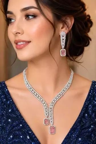 Pink Morganite CZ Leaf Necklace Earrings Set, Silver Bridal Jewelry, Statement Prom Gift