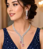 Pink Morganite CZ Leaf Necklace Earrings Set, Silver Bridal Jewelry, Statement Prom Gift