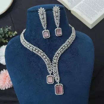 Pink Morganite CZ Leaf Necklace Earrings Set, Silver Bridal Jewelry, Statement Prom Gift 2