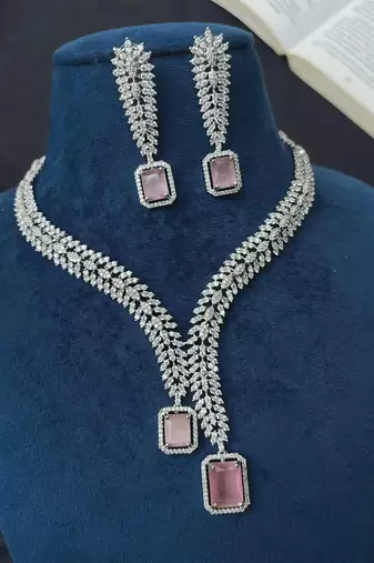 Pink Morganite CZ Leaf Necklace Earrings Set, Silver Bridal Jewelry, Statement Prom Gift