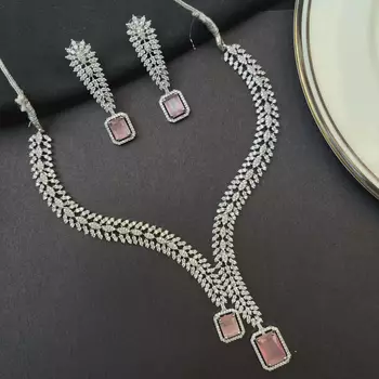 Pink Morganite CZ Leaf Necklace Earrings Set, Silver Bridal Jewelry, Statement Prom Gift 3