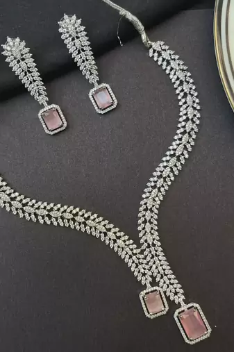 Pink Morganite CZ Leaf Necklace Earrings Set, Silver Bridal Jewelry, Statement Prom Gift