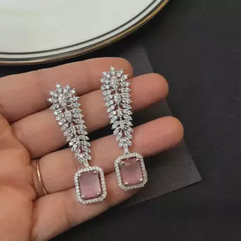 Pink Morganite CZ Leaf Necklace Earrings Set, Silver Bridal Jewelry, Statement Prom Gift 4