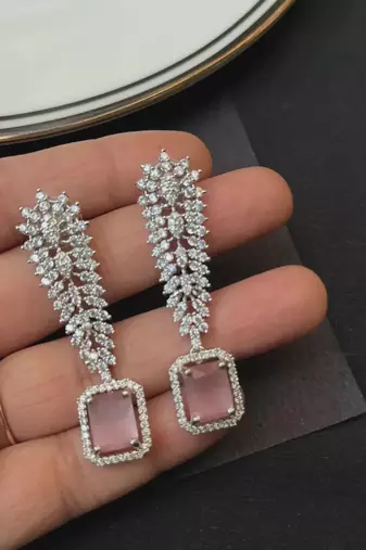 Pink Morganite CZ Leaf Necklace Earrings Set, Silver Bridal Jewelry, Statement Prom Gift