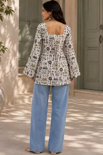 Women ethnic motifs printed flared sleeves indie prints kurta