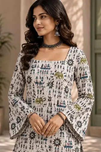 Women ethnic motifs printed flared sleeves indie prints kurta