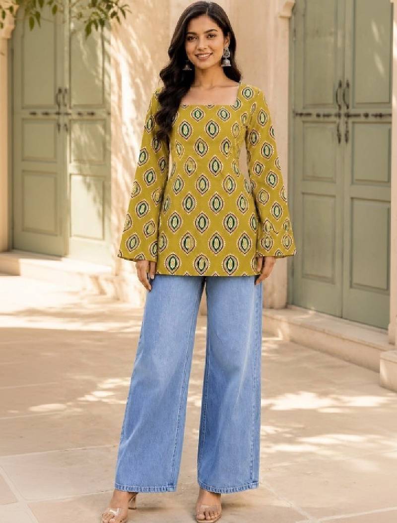 Women ethnic motifs printed flared sleeves kurta